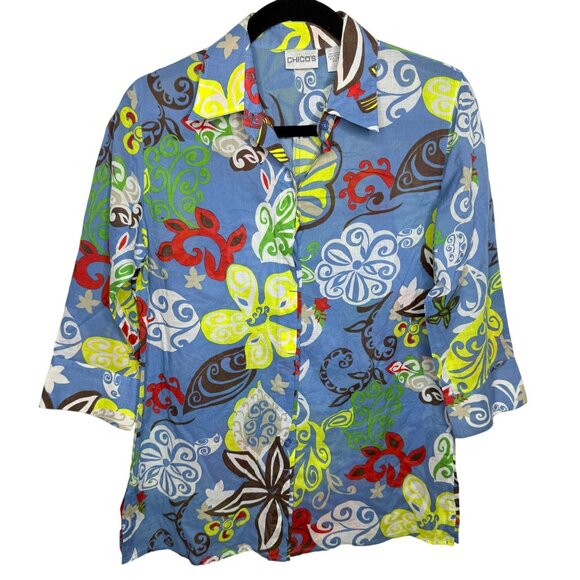 Chico's Tops - Chico’s Blue Multicolor Floral Abstract Button Front Shirt Top Size 0 S